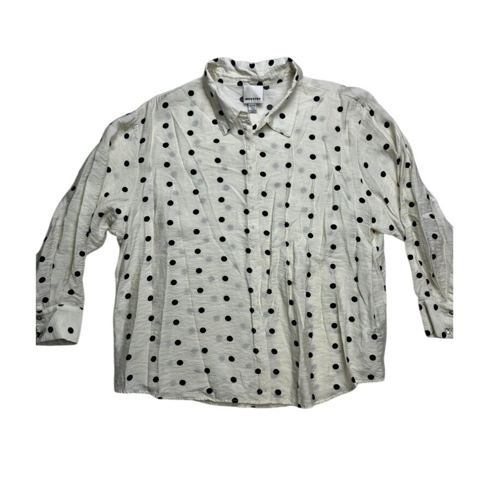 INDUSTRY Polka Dot Shirt Womens 2X Plus Cream Black Long‎ Sleeve Button Up
